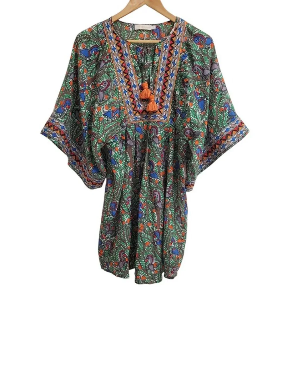 Tory Burch Cotton Silk Embroidered Tunic Mini Dress CoverUp S Short Sleeve Bird